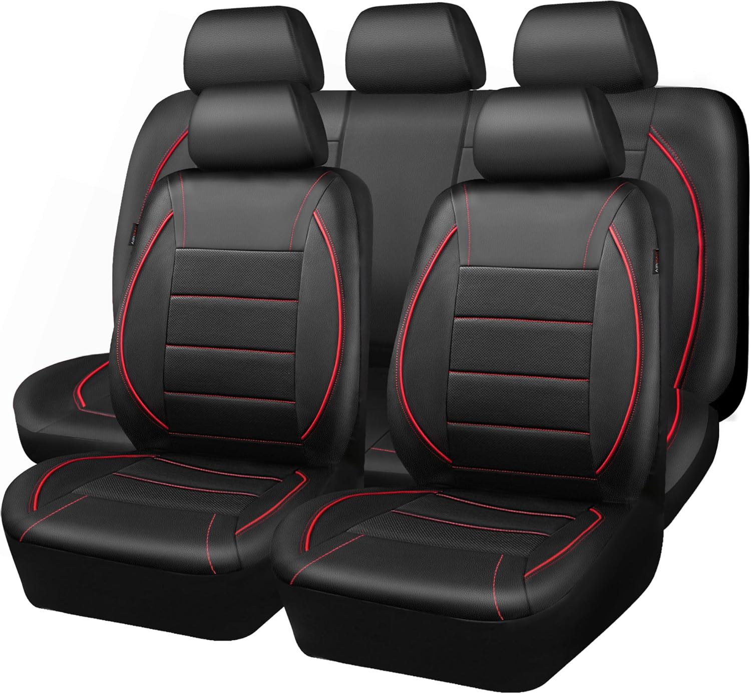 81fwvqrmw6L._AC_SL1500_.jpg CAR PASS Universal FIT Piping Leather Car Seat Cover, for suvs,Van,Trucks,Airbag Compatible,Inside Zipper Design and Reserved Opening Holes (Full Set, Black and Red) - Image 1