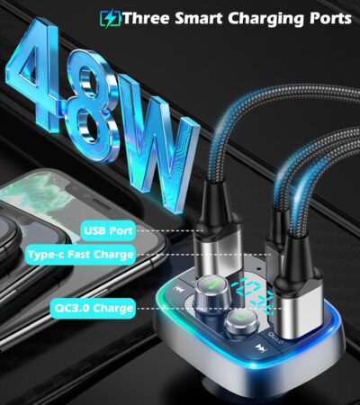 LIHAN USB C Bluetooth 5.4 Car Adapter, Wireless Upgrade Audio System for Non-Bluetooth Vehicles, FM Radio Transmitter, 48W Fast Charging, Stable Hands-Free Calling, MP3 Music Player, Support USB/TF - Image 2