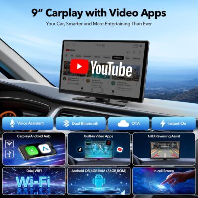 LAMTTO 9" Wireless CarPlay Screen with Net-Flix YouTube Apps Portable Car Play Screen for Apple Carplay and Android Auto with Backup Camera Navigation Bluetooth Voice Control AUX Siri - Image 2
