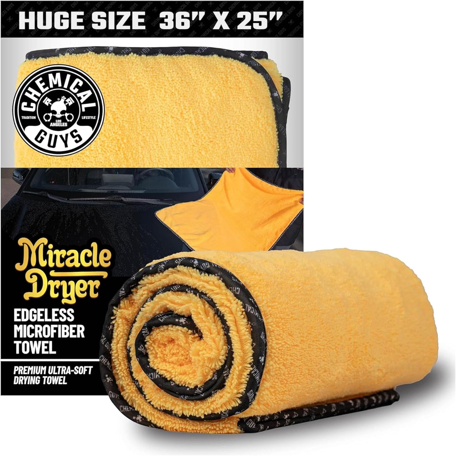 81gFIhJjtPL._AC_SL1500_.jpg Chemical Guys Large Microfiber Drying Towel for Cars Trucks SUVs RVs and Motorcycles, Large 36 x 25 Inch Yellow Absorbent Exterior Drying Towel - Image 1
