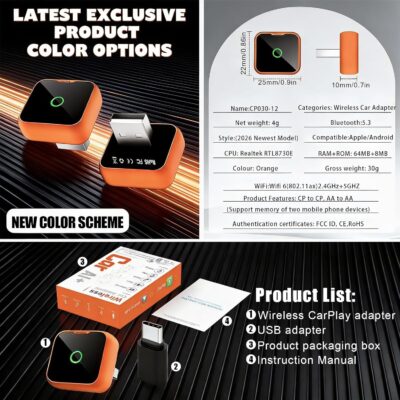 2-in-1 Wireless CarPlay Android Auto Adapter, Plug & Play Wired to Wireless Converter for iPhone Android, Fast Auto Connect,Stable,OTA Update, Ultra Compact (Orange) - Image 3