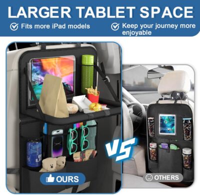 Car Backseat Organizer with Detachable Steering Wheel Tray, 11-Pockets Storage & Tablet Holder, Kids Kick Mats Protector - Travel Accessories (1-Pack) - Image 5