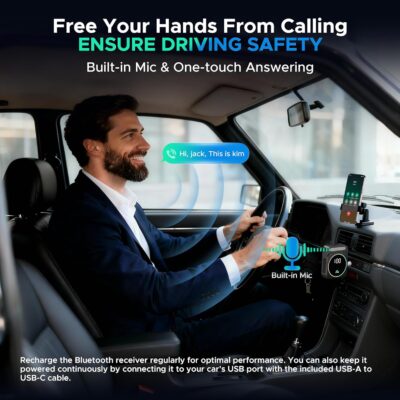 Acer Gadget Bluetooth Receiver for Car/Home/Wired Headphones, 3.5mm AUX, Drive & Listen Wirelessly, 16H Battery, Noise Cancellation, Auto Connect & Dual Pairing - Black - Image 2