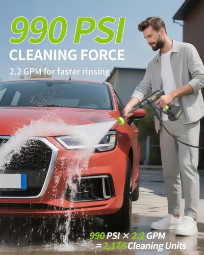 Cordless Pressure Washer Battery Powered; 990PSI Cordless Power Washer with 6-in-1 Nozzle, 23FT High-Elastic Hose, 21V Battery&Charger; Home Portable Handheld Pressure Washer Cleaner (EnduringGreen) - Image 2