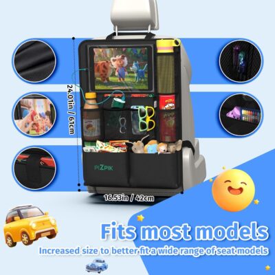 Car Backseat Organizer with Tablet Holder,11 Storage Pockets with Foldable Food Tray, Protector Kick Mats for Kids, Travel Accessories Organizer (Black, 2-Pack) - Image 5