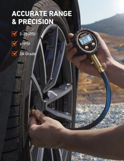 AstroAI Tire Pressure Gauge for Cars with Backlit LED, Solid Brass with Rubber Hose, Air Bleeder Valve, ANSI B40.7 Grade 2A(±0.5%), 3-250PSI - Image 3