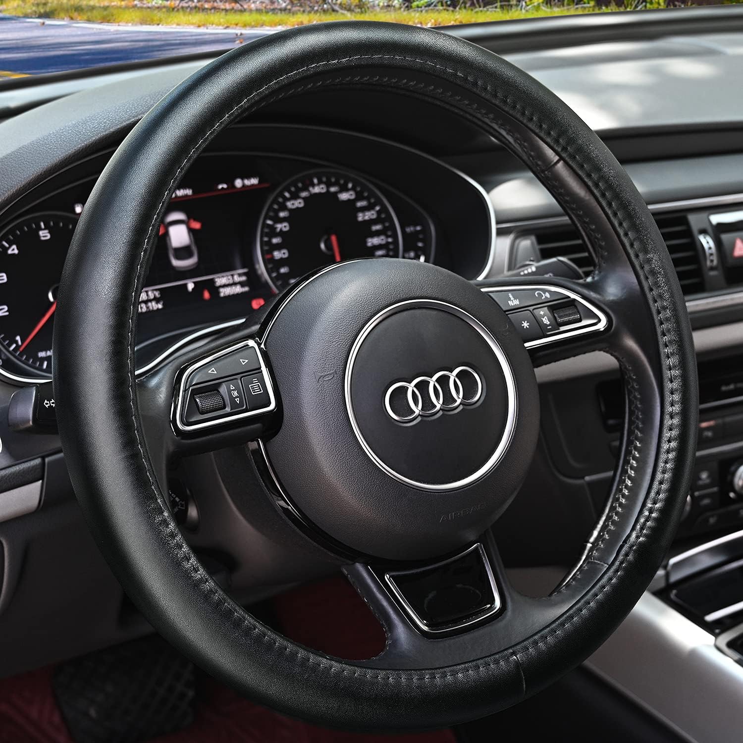 81hFuUJ6cRL._AC_SL1500_.jpg Haokay Heavy Duty Pure Cowhide Steering Wheel Cover, Black Genuine Leather Steering Wheel Cover Men Women Universal 14.5 to 15 Inch - Image 1