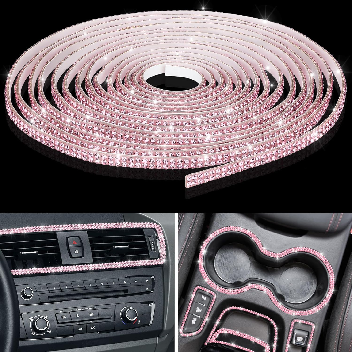 81hObJAQQ0L._AC_SL1500_.jpg Kingdder 32.8Ft Bling Car Trim Self Adhesive Glitter Crystal Rhinestone Car Interior Exterior Accessories for Women DIY Line Molding Stickers for Auto Dashboard Diamond Ribbon Strips Decor (Pink) - Image 1