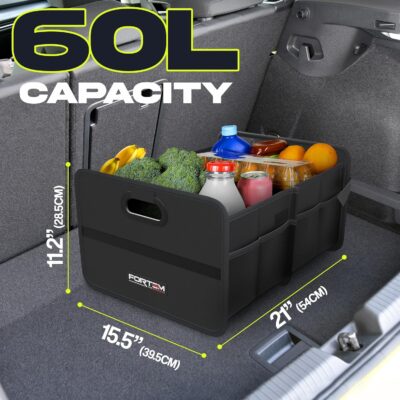 FORTEM Car Trunk Organizer, Collapsible Two Compartment Organizer, Foldable SUV & Truck Storage for Car Accessories for Women Men, Non Slip Bottom, Sturdy Side Walls, Strong Handles, 60L - Image 4