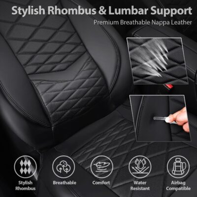 CAR PASS Luxury Nappa Leather Seat Covers Full Set, Water Resistant Faux Leather Seat Covers with Lumbar Support, Comfortable Automotive Seat Covers Universal Fit for SUV Sedan Van Truck, Solid Black - Image 5