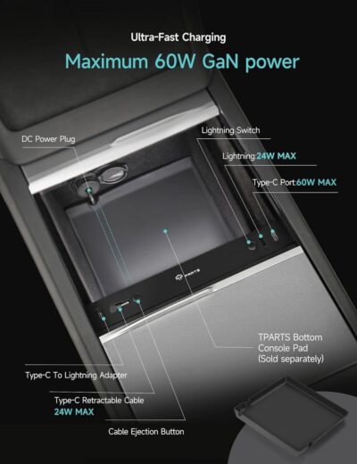 TPARTS Muti-Ports USB Hub for Tesla Model 3 Highland 2024-2026/Model Y Juniper 2025-2026, Center Console Hidden Charger with Retractable Cable Interior Accessories Charging Hub(Premium/Performance) - Image 6