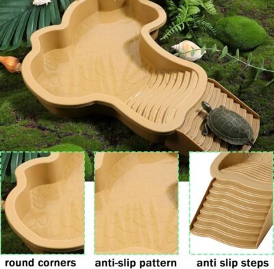 Reptile Swimming Pool 2-in-1 Turtle Bathtub Balcony Climbing Pet Water Basin with External Ramp and Ladder, Suitable for Geckos Snakes Turtles Chameleons Lizards Climbing and Shower (Brown Yellow) - Image 4