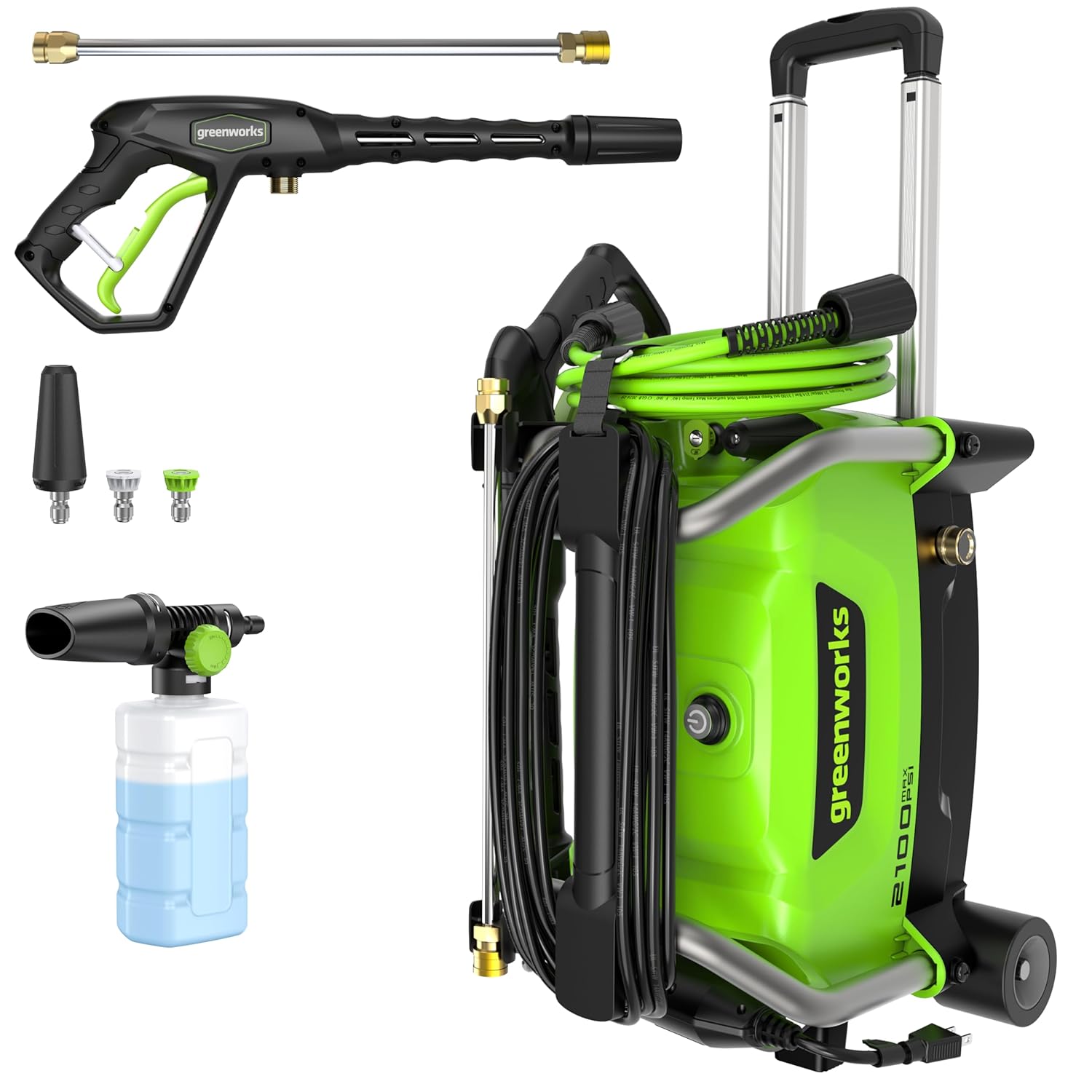 81huGxF51mL._SL1500_.jpg Greenworks 2100 PSI (SGS Certified) 1.2 GPM 13Amp Compact Electric Pressure Washer Telescoping Handle Power Washer for Cars, Driveways, Patios, Patio Furniture & Around Pools - Image 1