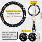 4 Pieces Black Moons White Stars Print Car Accessories Set Black Moons White Stars Steering Wheel Cover with 2 Pieces Car Cup Holder and Leather Keyring for Truck Suv(Horror Pattern) - Image 7
