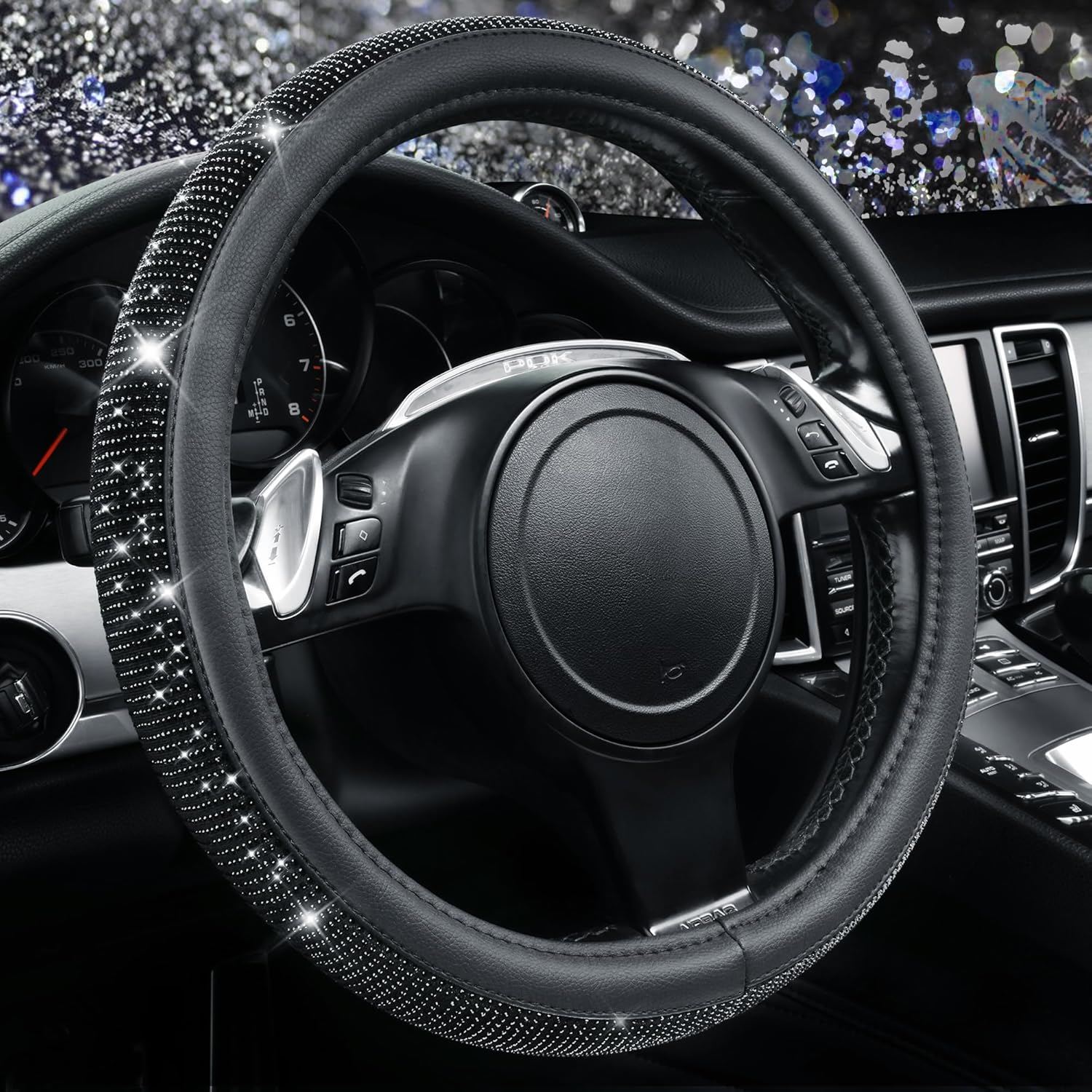 81i9FV2EFuL._AC_SL1500_.jpg CAR PASS Bling Diamond Leather Steering Wheel Cover, With Sparkly Crystal Glitter Rhinestones Universal Fit 14"1/2-15" Car Wheel Protector for Women Girl Fit Suvs,Vans,Sedans,Car,Trucks, Black Diamond - Image 1