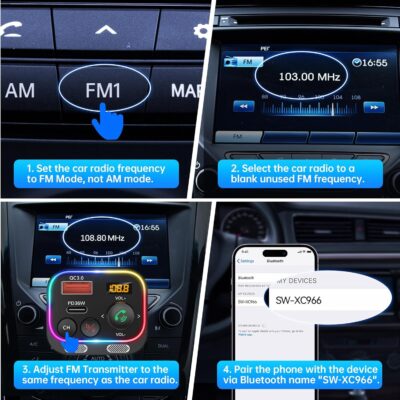 Syncwire Bluetooth 5.4 FM Transmitter Car Adapter 54W (PD 36W & 18W) [Stronger Dual Mics] [Light Switch] [HiFi Bass Sound] [Fast Charging] Wireless Radio Receiver Hands-Free Calling LED Display - Image 8