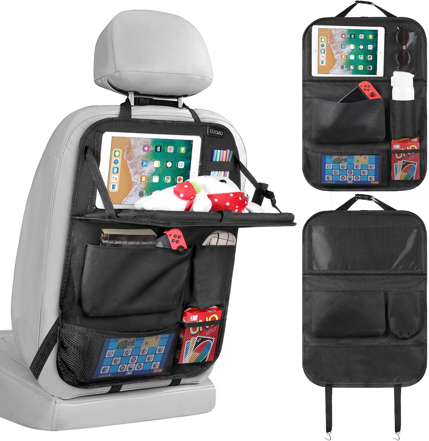 81iJVV70u9L._AC_SL1500_.jpg LUCMO Car Backseat Organizer with Tablet Holder,6 Storage Pockets Car Storage Organizer with Foldable Food Tray,Protectors Kick Mats Travel Accessories-Black - Image 1