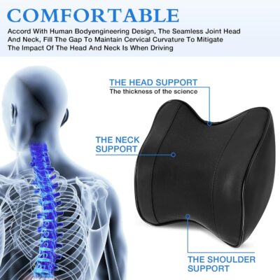 2 Pack Car Neck Pillow, Softness Leather Car Headrest Pillow, 100% Memory Foam and Breathable Removable Cover, Neck Support Head Pillow for Ergonomic Design (Black) - Image 4