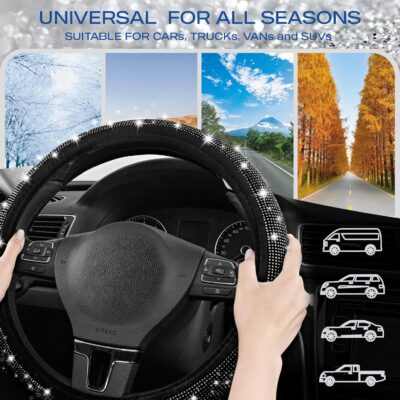 Skechers Women’s Bling Steering Wheel Cover, Velvet with Sparkly Crystal Rhinestones, Stylish Car Interior Gift, Universal Fit 14" 1/2-15" for Cars, SUVs, Trucks, Black Diamond - Image 6