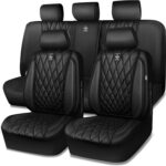CAR PASS 5 Seats Piping Luxury Faux Leather Seat Covers Full Set, Anti-Slip Waterproof Seat Covers Compatible with Front Armrests, Universal Fit for Suvs,Vans,Trucks,Airbag Compatible, Pure Black