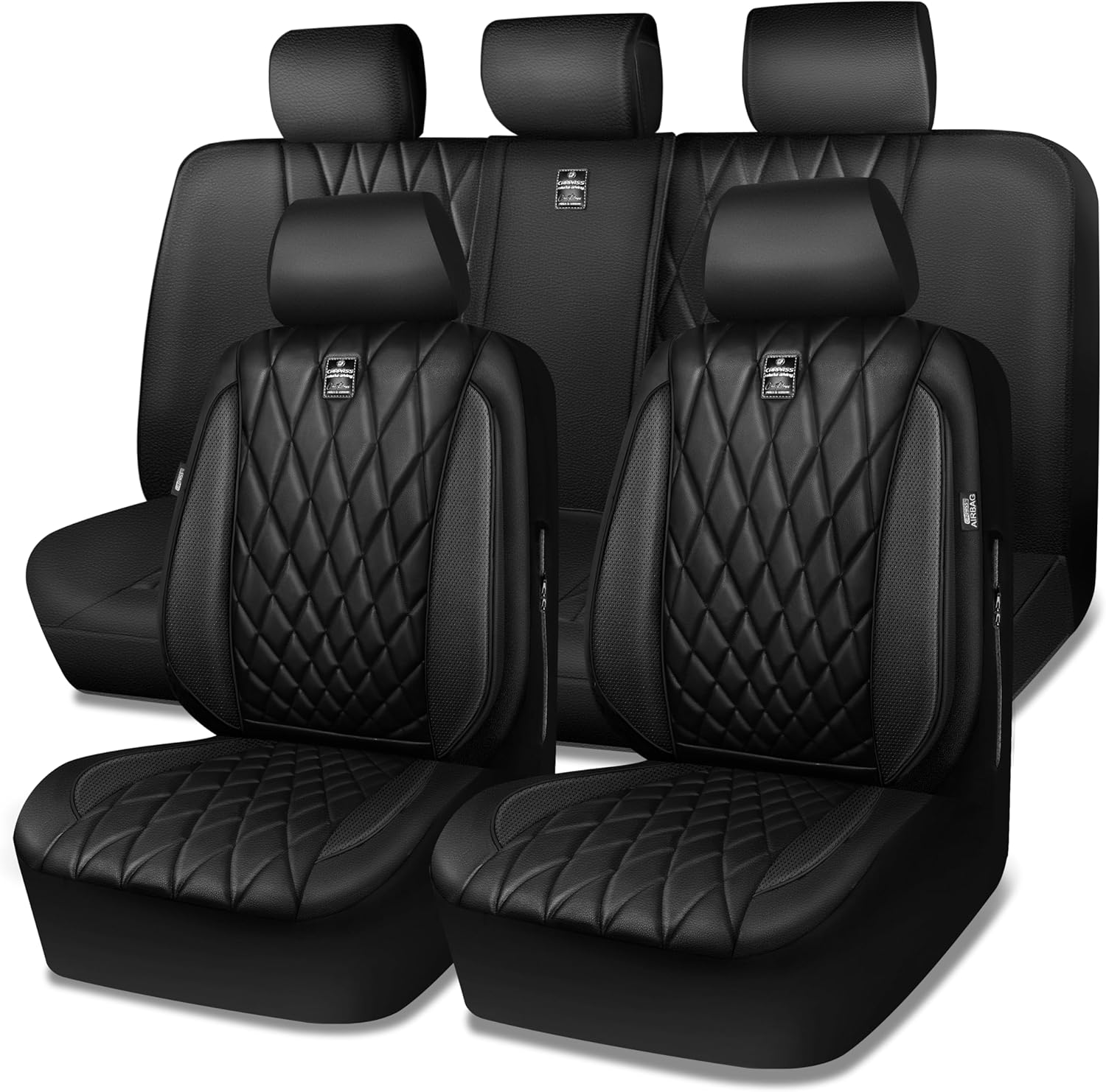 81j3QAbqMwL._AC_SL1500_.jpg CAR PASS 5 Seats Piping Luxury Faux Leather Seat Covers Full Set, Anti-Slip Waterproof Seat Covers Compatible with Front Armrests, Universal Fit for Suvs,Vans,Trucks,Airbag Compatible, Pure Black - Image 1