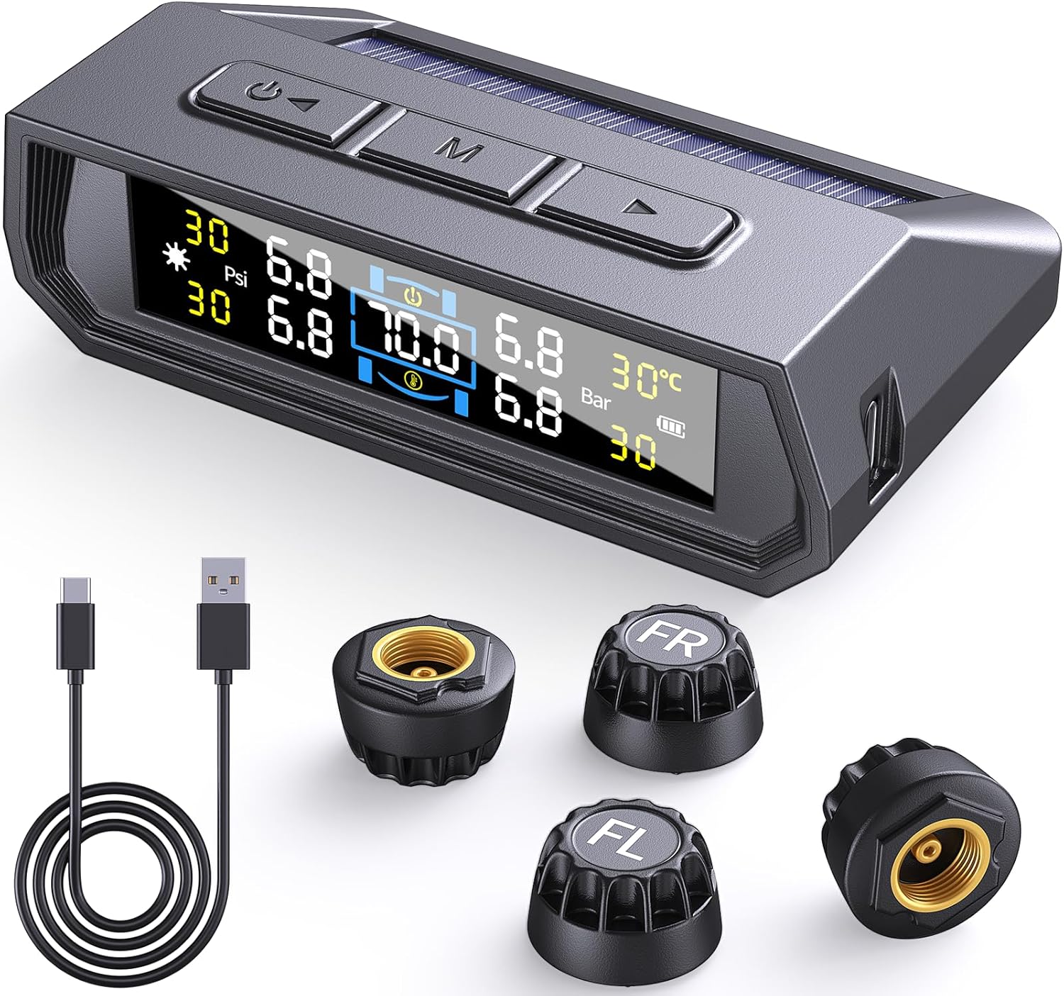 81jc5ca2-eL._AC_SL1500_.jpg 2025 RV Tire Pressure Monitoring System,0-87 PSI Tire Pressure Monitor System with Solar Charge,TPMS with 4 Sensors&6 Alarm Modes, Color LCD&Car Temperature Display for RV Trailer - Image 1