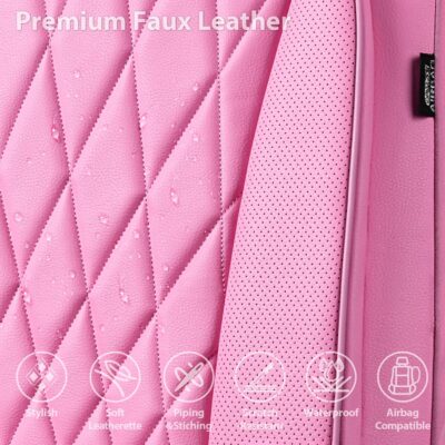 CAR PASS Piping Luxury Leather Two Front Car Seat Covers, Cute Girly Waterproof Anti Slip Seat Covers Compatible with Front Seat Armrests,Universal Fit for Suvs,Vans,Trucks,Airbag Compatible(All Pink) - Image 4