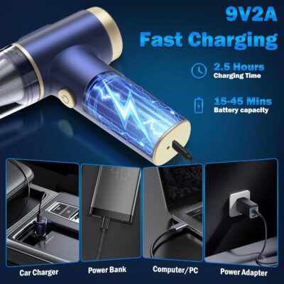 Handheld Car Vacuum Cleaner, 2-in-1 Portable Mini Car Vacuum Cleaner,16000Pa High Power & Air Duster, Handheld Vacuum Cordless with LED Light and Multi-Nozzles for Car,Home,Office,Pet(Blue) - Image 5