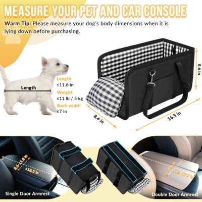 SlowTon Console Dog Car Seat - Portable Dogs Armrest Booster Seat for Small Dog, Anti-Collapse Pet Car Seat with Soft Cushion Safety Belt, Support Pet Up to 11lbs (Black) - Image 2