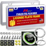 Stainless Steel License Plate Frames, Mirror Polished Heavy Duty Metal Chrome Car Tag Cover, 2 Pack 2 Hole Silver Holder, Slim Design with Screws & Caps for Men & Women