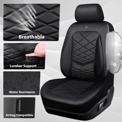 CAR PASS Luxury Nappa Leather Seat Covers Full Set, Water Resistant Faux Leather Seat Covers with Lumbar Support, Comfortable Automotive Seat Covers Universal Fit for SUV Sedan Van Truck, Solid Black - Image 8