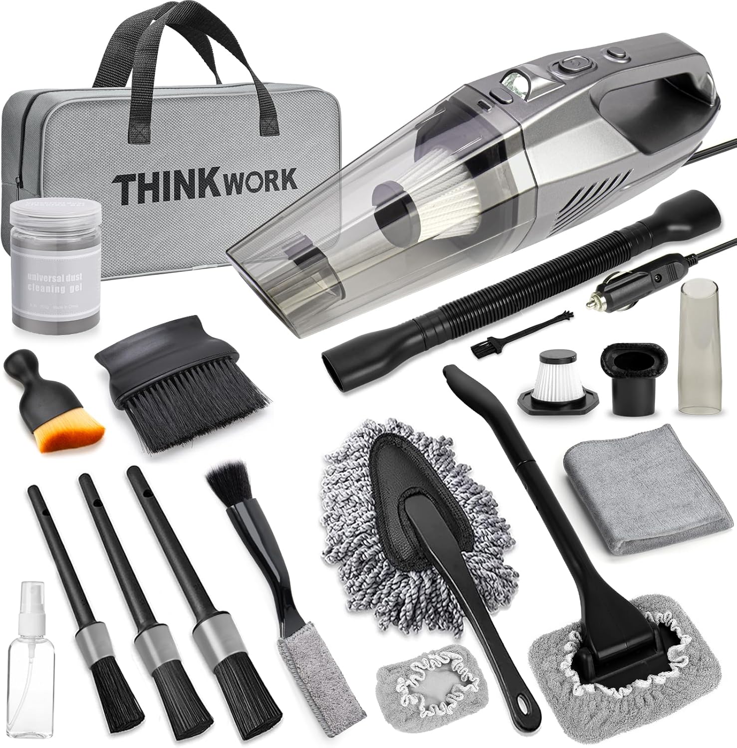 81ktD0SjuL._AC_SL1500_.jpg THINKWORK Car Cleaning Kit, Car Vacuum Kit, Gray Car Interior Detailing Kit with 8000PA High Power Vacuum, Including 7Pcs Detailing Brush Set and Bag - Image 1
