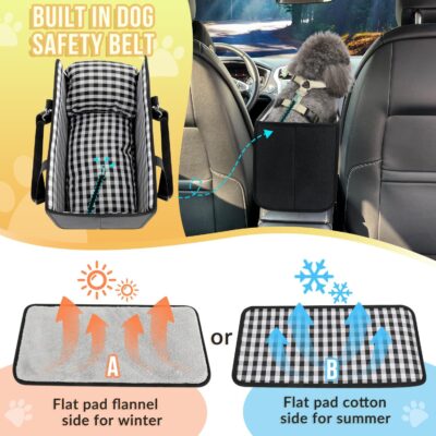 SlowTon Console Dog Car Seat - Portable Dogs Armrest Booster Seat for Small Dog, Anti-Collapse Pet Car Seat with Soft Cushion Safety Belt, Support Pet Up to 11lbs (Black) - Image 6