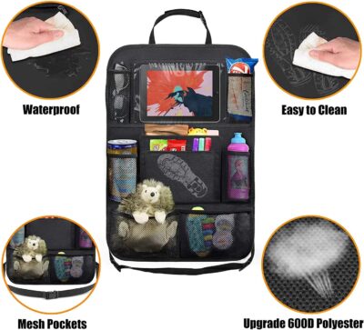 Car Backseat Organizer with 10" Table Holder, 9 Storage Pockets Seat Back Protectors Kick Mats for Kids Toddlers, Travel Accessories, 2 Pack - Image 2