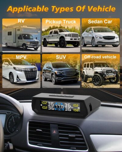 RV Tire Pressure Monitoring System, Wireless TPMS with Solar Charger and USB, 4 Sensors and 6 Alarm Modes Real-time Color LCD Display Tire Pressure Monitor System for SUV Mpv Sedan Truck - Image 6