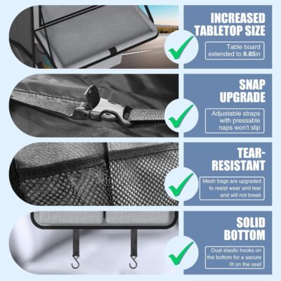 Car Backseat Organizer with Tablet Holder,11 Storage Pockets with Foldable Food Tray, Protector Kick Mats for Kids, Travel Accessories Organizer (Gray, 2Pack with Food Tray) - Image 6