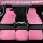 CAR PASS Bling Leather Car Mats Shining Diamond Floor Mats Crystal Rhinestones Sparkly Glitter Carpet Anti-Slip Waterproof Pad Universal Fit for Automotive SUV, Sedan, Van, 5pcs for Girl Women Pink - Image 4