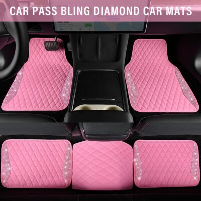 CAR PASS Bling Leather Car Mats Shining Diamond Floor Mats Crystal Rhinestones Sparkly Glitter Carpet Anti-Slip Waterproof Pad Universal Fit for Automotive SUV, Sedan, Van, 5pcs for Girl Women Pink - Image 4