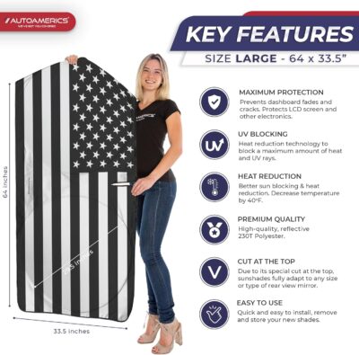 Autoamerics 1-Piece Windshield Sun Shade B&W American Flag USA Patriotic Design - Foldable Car Fits Easily to SUV & Truck Vehicles UV Ray Blocker Keeps Your Vehicle Cool Large - Image 2