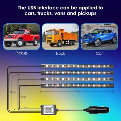 Interior LED Strip Light - 48 LED DIY 16 Million Colors, Microphone App Control, Smart Phone Music Sync RGB Under Dash Waterproof Lighting Kit with Car Charger, USB DC 12V - Image 3