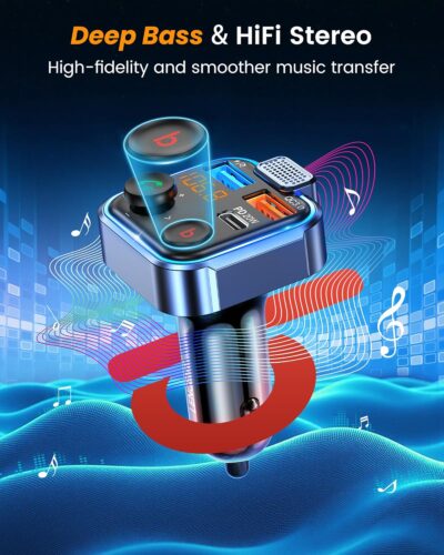 LENCENT FM Transmitter in-Car Adapter, Type-C PD 20W+ QC3.0 Fast USB Charger, Wireless Bluetooth 5.3 Radio Car Kit, Hands-Free Calling, MP3 Player Receiver Hi Fi Bass, Support U Disk - Image 3