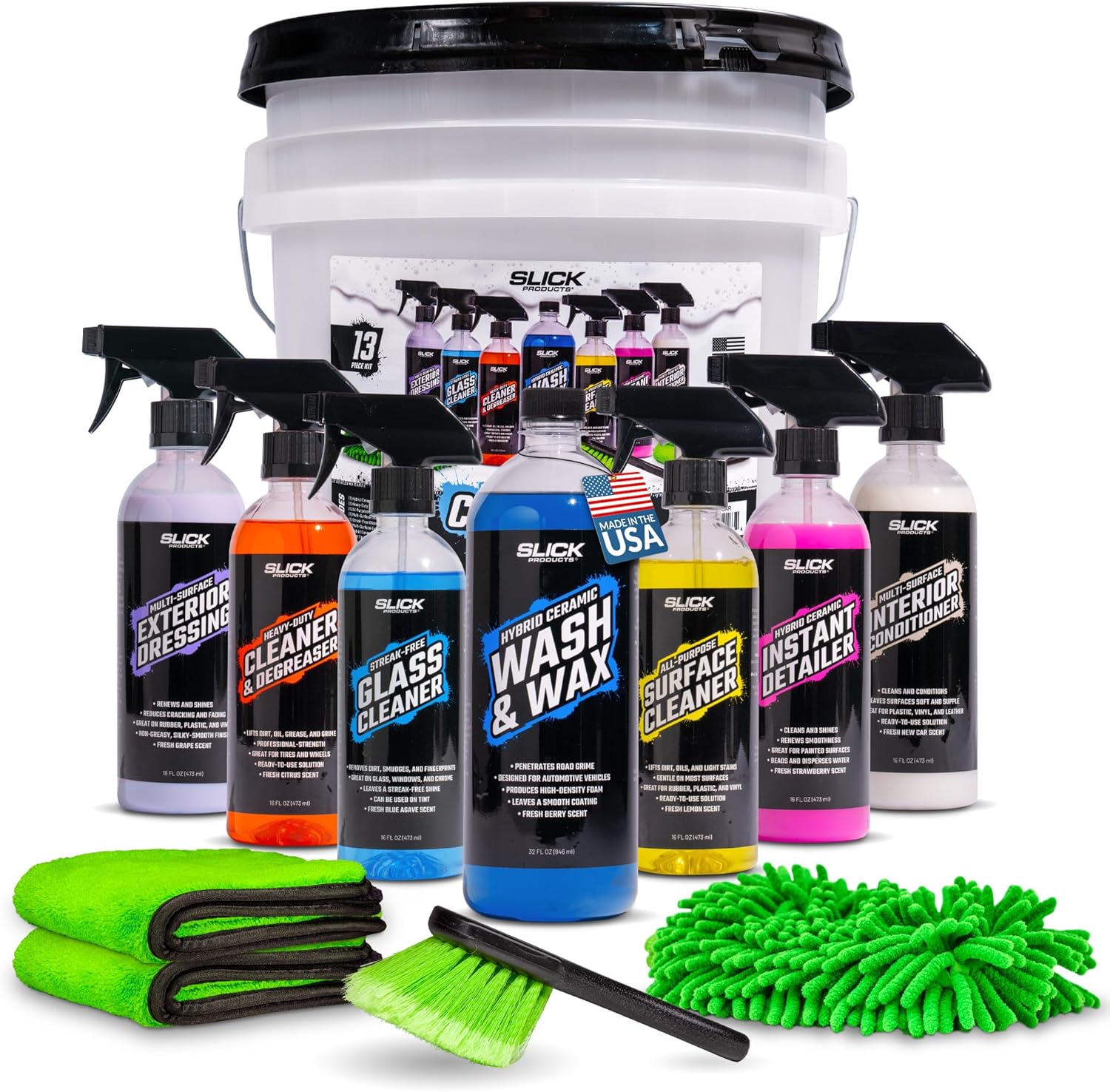 81lawcA7CWL._AC_SL1500_.jpg Slick Products Car Wash & Detail Kit (13-Piece) – Complete Car Cleaning & Detailing Kit with Ceramic Wash, Degreaser, Interior Cleaner, Glass Cleaner, Towels, Brush, Wash Bucket & More - Image 1