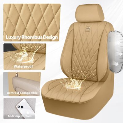 CAR PASS Piping Luxury PU Leather Two Front Car Seat Covers, Waterproof Anti Slip Seat Covers Compatible with Front Seat Armrests,Universal Fit for Suvs,Vans,Trucks,Airbag Compatible(All Beige) - Image 6