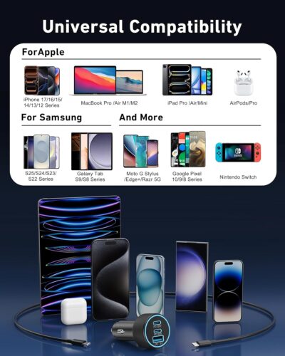 USB C Car Charger, 3-Port 67W Dual USB-C & USB-A Car Power Adapter PD/QC Fast Charging Cigarette Lighter for iPhone 17/16/15/14/13/12/11 Pro Max, iPad, Samsung Galaxy S25 S24/S23/S22, Pixel, Android - Image 7