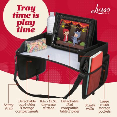 Lusso Gear Car Seat Tray - Dry-Erase Lap Desk for Kids Travel Activities - Snack & Cup Holder for Car Back Seat Organizer - Tablet Stand for Toddler Travel Essentials - Black - Image 2