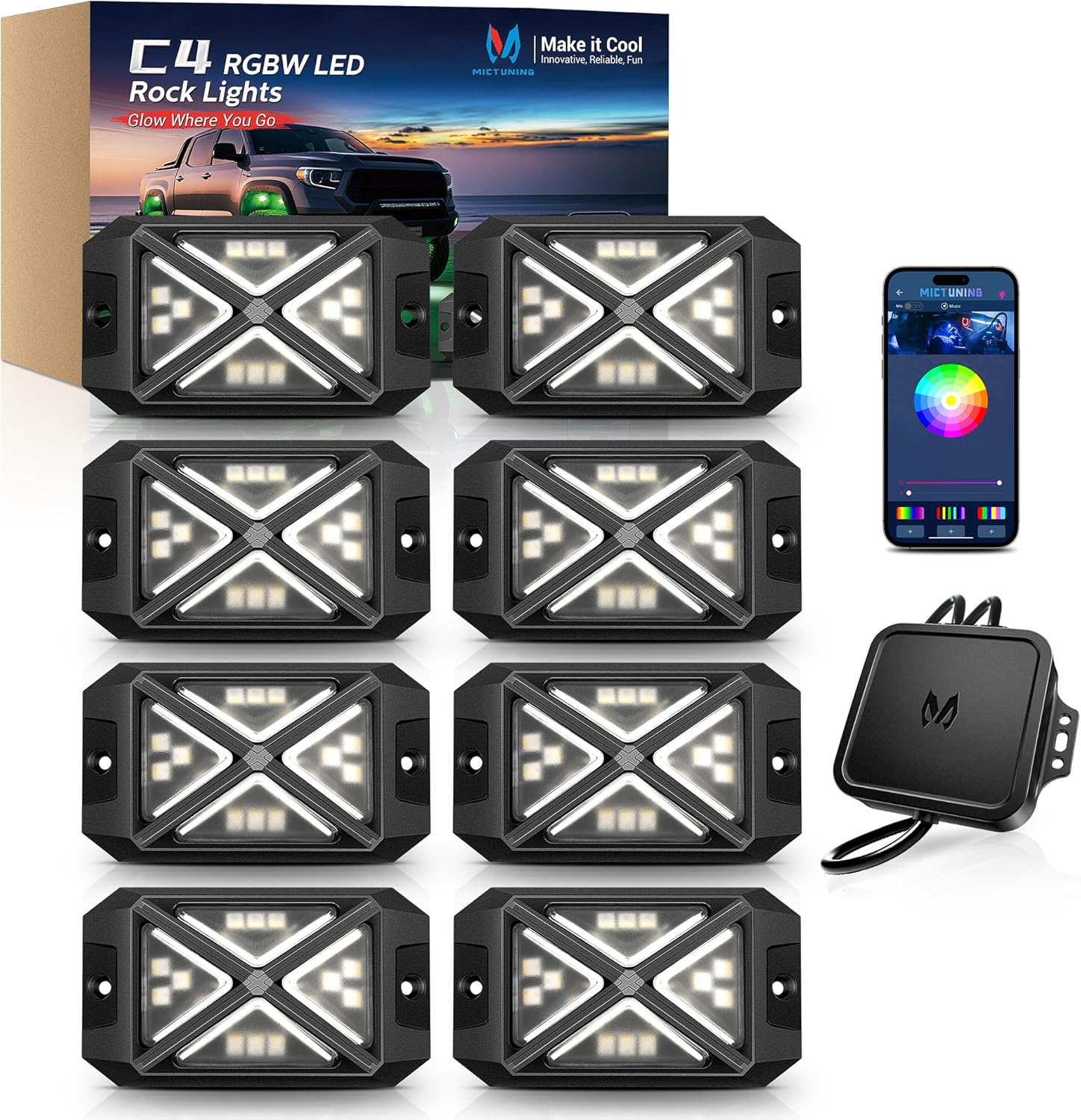 81lzqptS9gL._AC_SL1500_.jpg MICTUNING C4 RGBW Rock Lights Kit, 8 Pods 360° Ultra-Bright 4-Sided Wide Beam Angle Underglow Neon Accent Lighting Kit, Microphone Sync with APP Control, IP68 Waterproof - Image 1