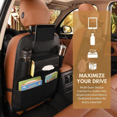2 Pack PU Leather Premium Car SeatBack Organizer Travel Accessories Kick mats Back seat Protector and Cup Holder Holder Universal Use Seat Covers (23×17 in) - Image 4