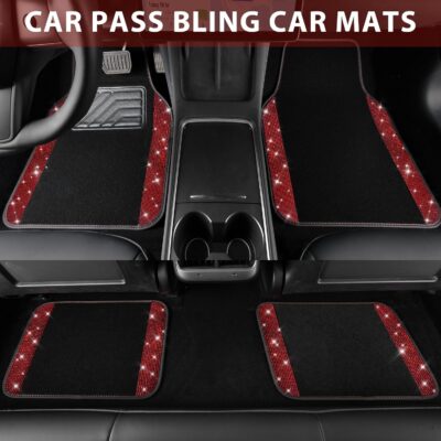 CAR PASS Bling Diamond Car Floor Mats, Shining Rhinestone Carpet Sparkly Glitter Crystal with Anti-Slip PVC Heel Pad Waterproof Universal Fit Automotive SUV,Sedan,Van,Cute Girl Women,4pcs Black Red - Image 4