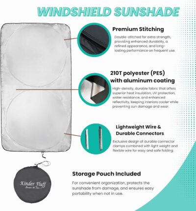 Windshield Sun Shade - Certified 99.87% UVB & 99.02% UVA Protection Car Sun Shade. Award Winning Sunshade for Car Windshield with Patented Technology. Size L 63"x35" Car Window Shades by Kinder Fluff - Image 8