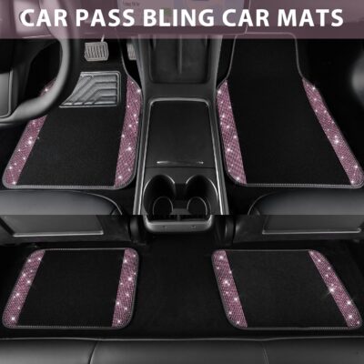 CAR PASS Bling Diamond Car Floor Mat Shining Rhinestones Carpet, Sparkly Glitter Crystal Anti-Slip PVC Heel Pad Automotive Universal Fit for SUV Sedan Car Van, 4pcs for Girl Cute Women, Black Pink - Image 3